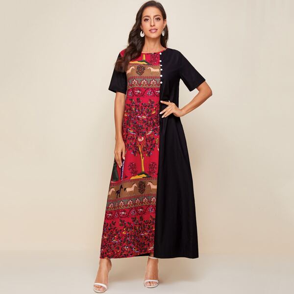 

Tree & Tribal Print Maxi Dress, Multicolor