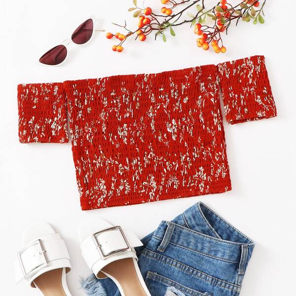 

Off Shoulder Shirred Floral Print Crop Top, Red