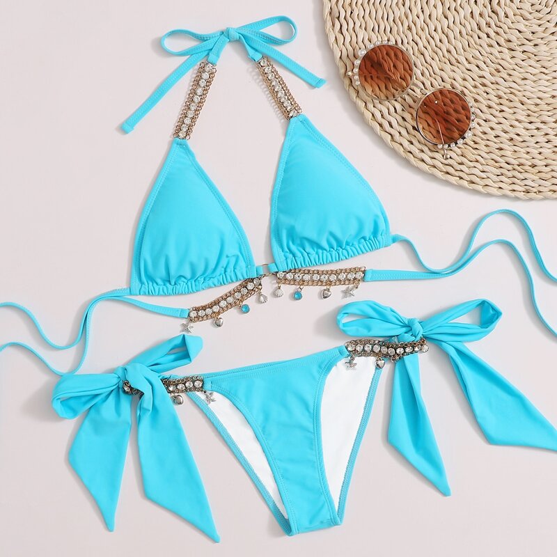 

Rhinestone Chain Linked Self-Tie Bikini Swimsuit, Bright mint blue