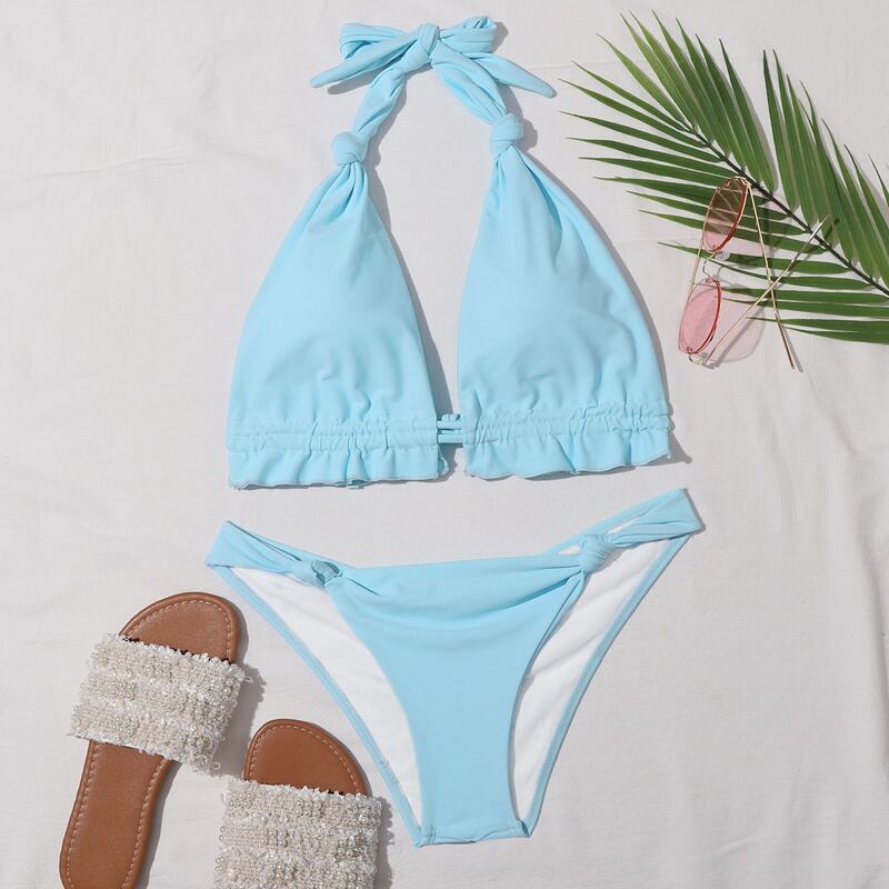 

Knot Detail Halter Triangle Bikini Swimsuit, Pastel baby blue