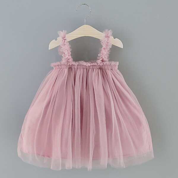 

Toddler Girls Frill Trim Strap Mesh Dress, Dusty pink