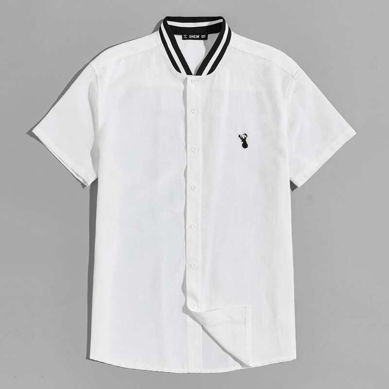 

Guys Striped Collar Embroidered Detail Shirt, White