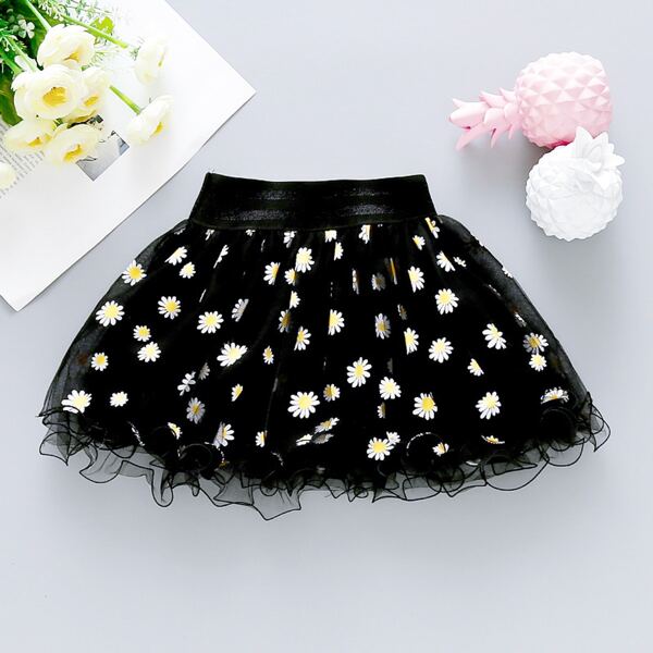 

Toddler Girls Floral Print Lettuce Trim Tutu Skirt, Black