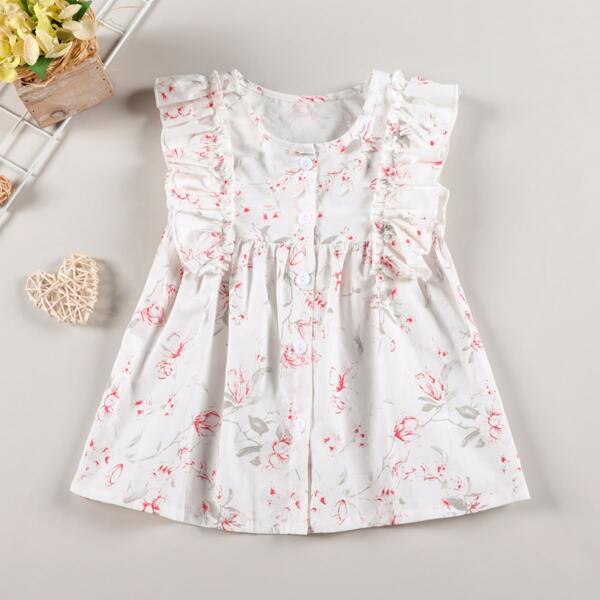 

Baby Girl Floral Print Ruffle Trim Dress, White