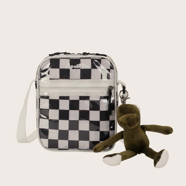 

Checkered Graphic Crossbody Bag, Black and white