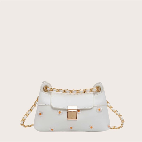 

Floral Embroidery Flap Crossbody Bag, White