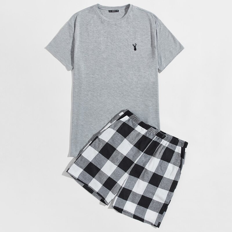

Guys Embroidery Deer Top & Gingham Shorts PJ Set, Multicolor