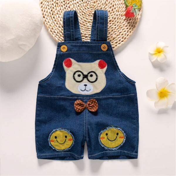 

Toddler Boys Bear Patched Bow Front Denim Overall Romper, Dark wash