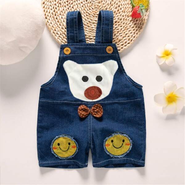 

Toddler Boys Cartoon Patched Bow Front Denim Overall Romper, Dark wash