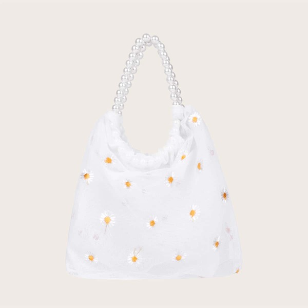 

Girls Daisy Floral Embroidery Tote Bag, White