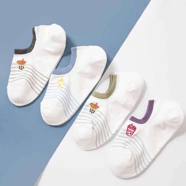 

4pairs Drink Embroidery Socks, Multicolor