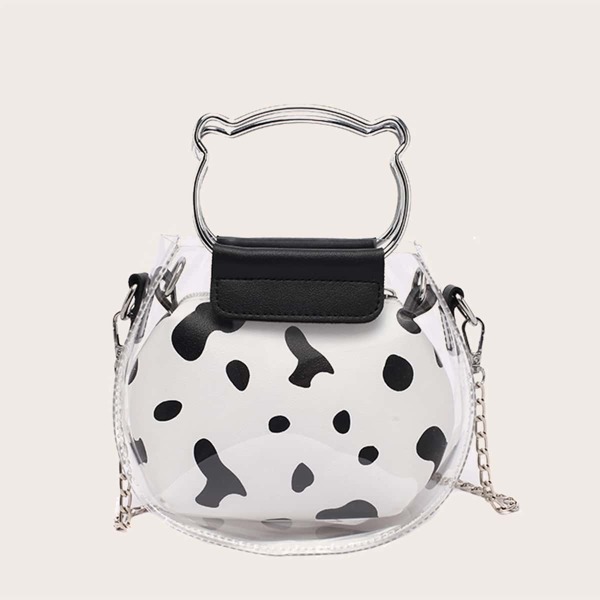 

Girls Clear Satchel Bag With Cow Pattern Inner Pouch, White