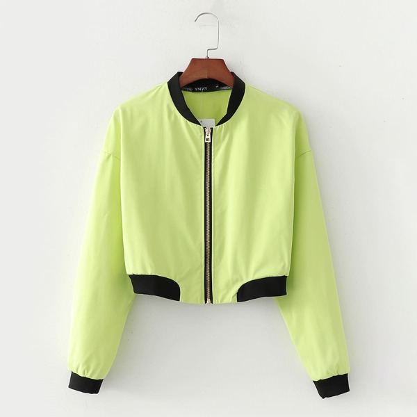 

Lime Green Contrast Trim Crop Bomber Jacket
