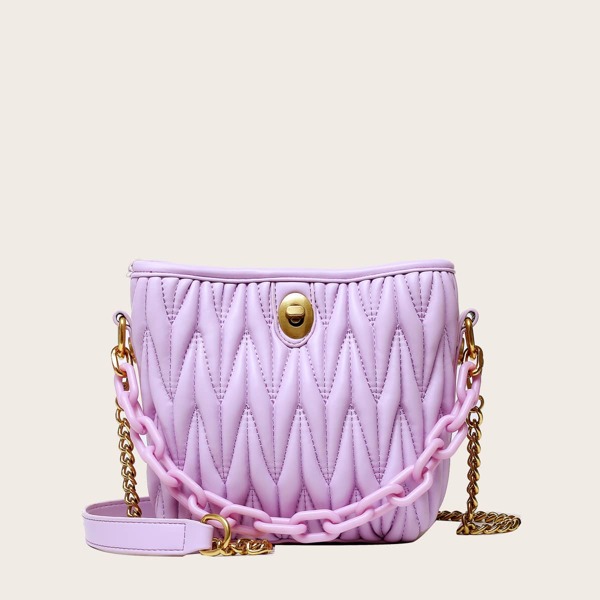 

Textured Tote Bag With Chain Handle, Purple