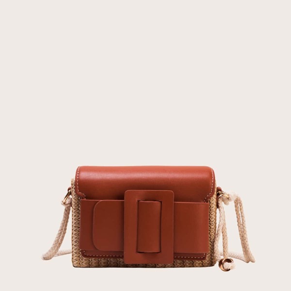 

Buckle Decor Braided Crossbody Bag, Brown
