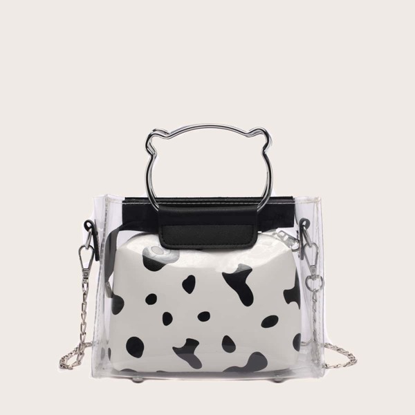 

Clear Satchel Bag With Cow Pattern Inner Pouch, White