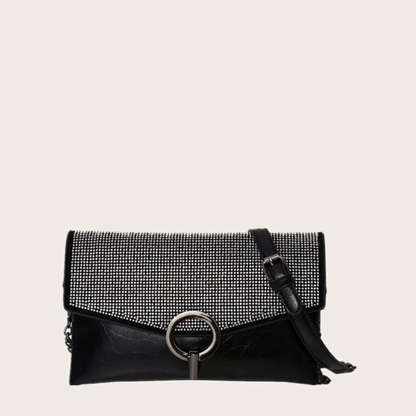 

Rhinestone Decor Flap Crossbody Bag, Black