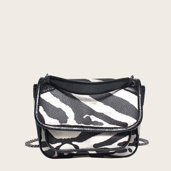 

Zebra Pattern Flap Crossbody Bag, Black and white
