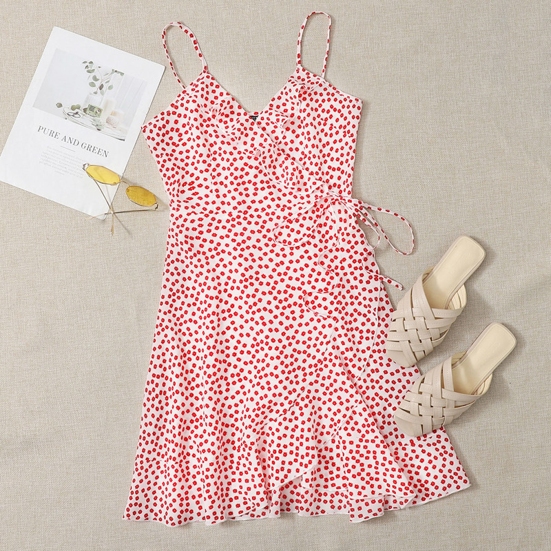 

Ditsy Floral Print Ruffle Trim Wrap Cami Dress, White