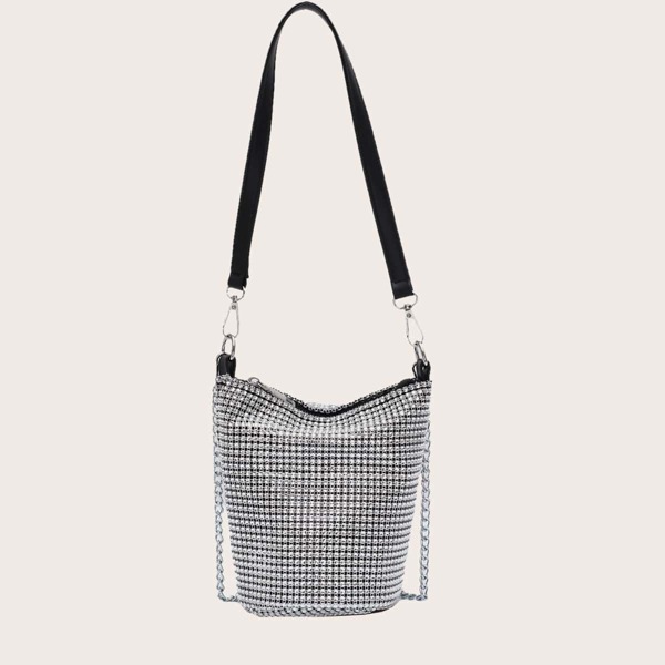 

Rhinestone Decor Bucket Bag, Silver