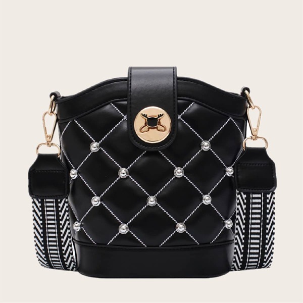 

Studded Decor Quilted Crossbody Bag, Black