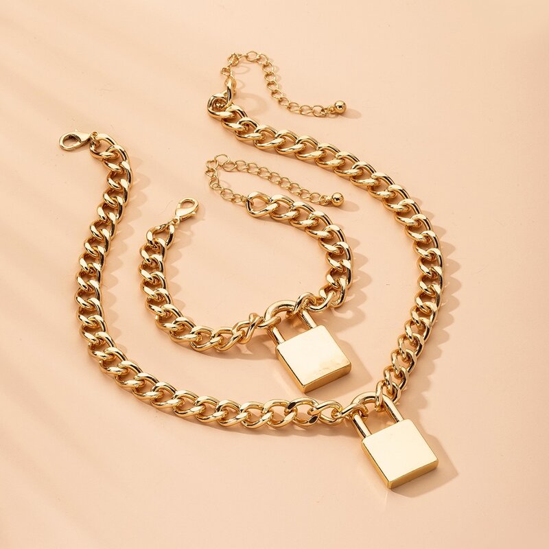 

2pcs Lock Decor Bracelet & Necklace, Gold