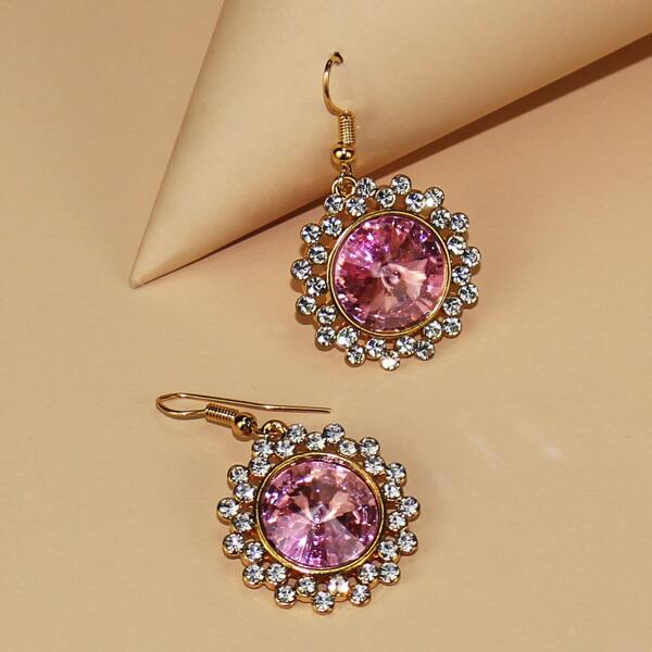 

Rhinestone Engraved Drop Earrings, Pink