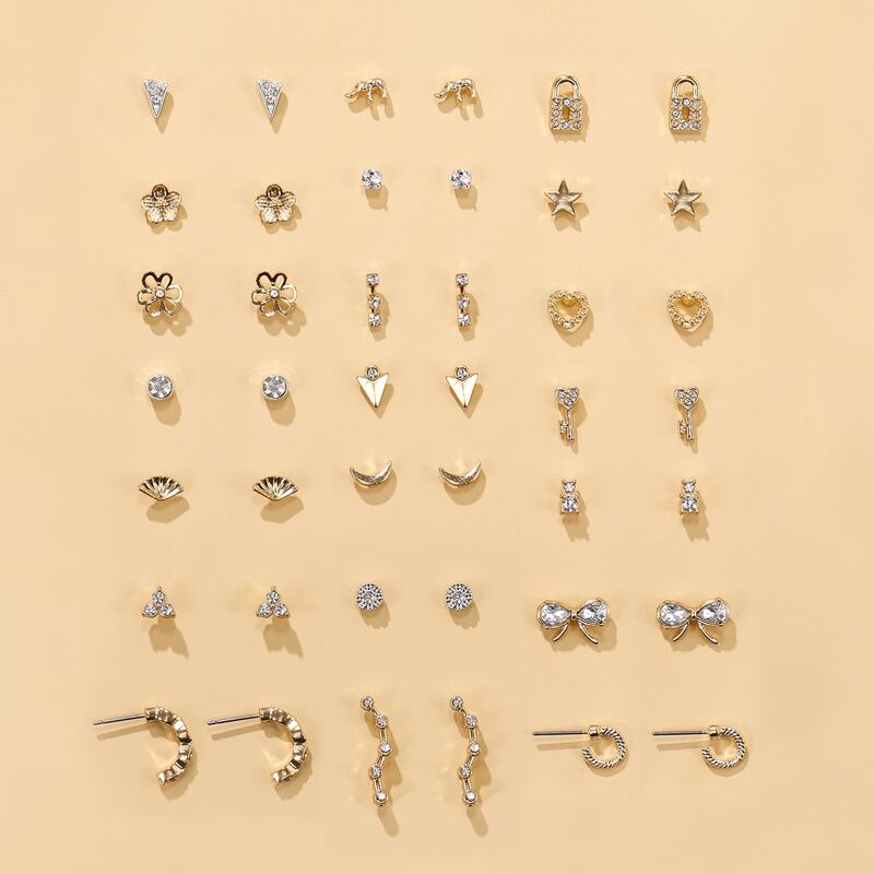 

21pairs Floral Shaped Stud Earrings, Gold