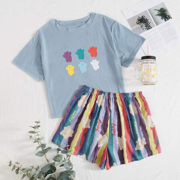

Cartoon & Letter Graphic PJ Set, Multicolor