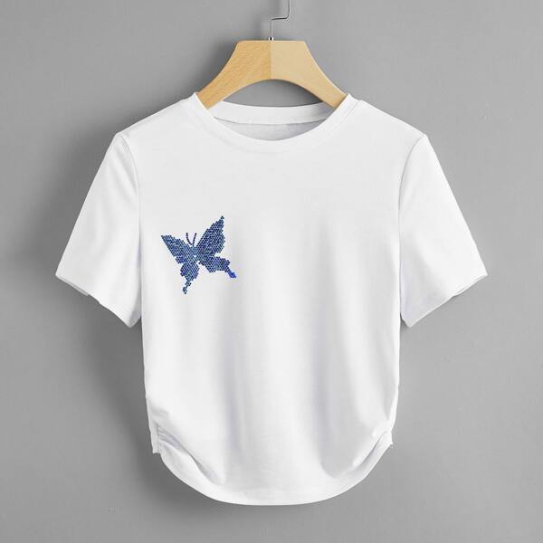 

Butterfly Beaded Curved Hem Crop Tee, White