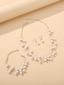 4pcs Faux Pearl Decor Jewelry Set - Yellow Gold - View 1
