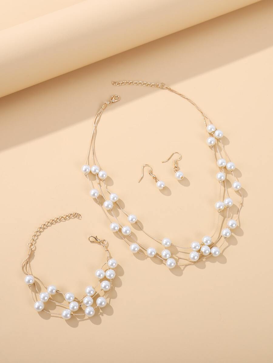 4pcs Faux Pearl Decor Jewelry Set - Yellow Gold - View 1