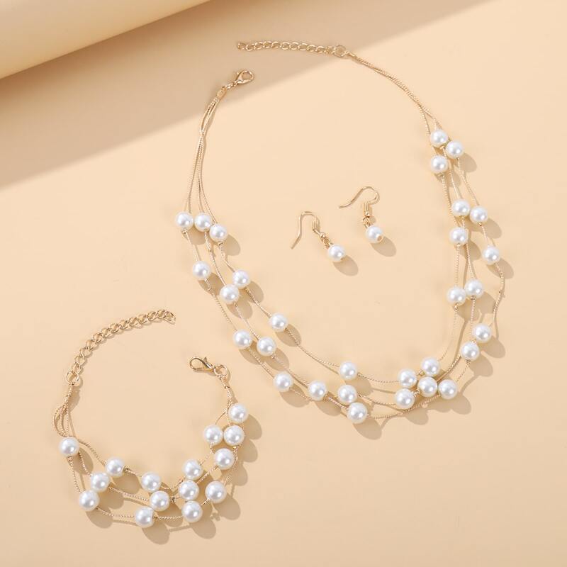 

4pcs Faux Pearl Decor Jewelry Set, Gold