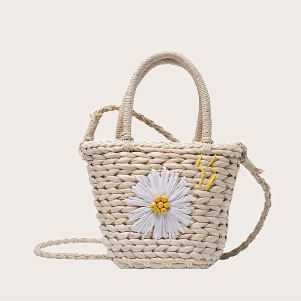 

Floral Appliques Braided Satchel Bag, Beige