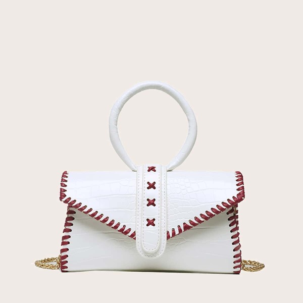 

Contrast Trim Croc Embossed Satchel Bag With Ring Handle, White