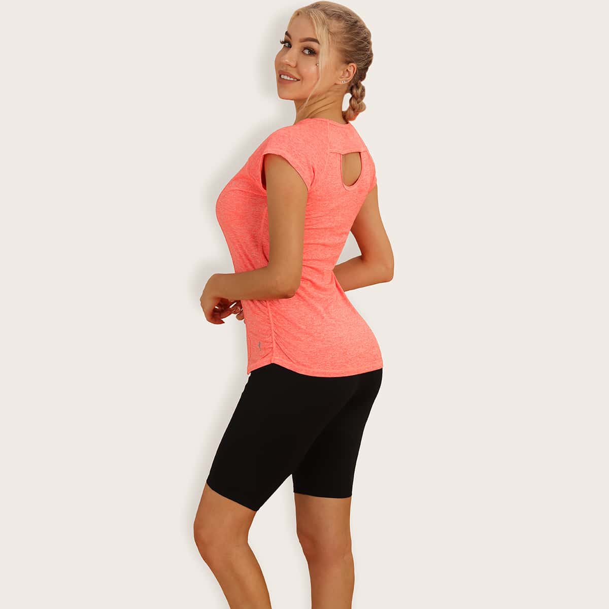 

Icyzone Marled Knit Cut-out Sports Tee, Coral pink