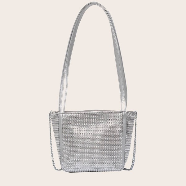 

Rhinestone Decor Tote Bag With Chain Handle, Silver