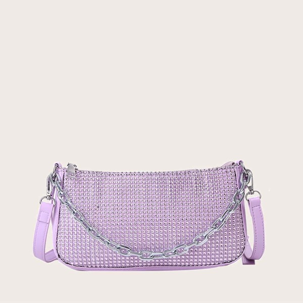 

Rhinestone Decor Baguette Bag With Chain Handle, Purple