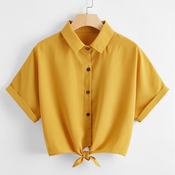 

Knot Hem Button Up Blouse, Mustard yellow
