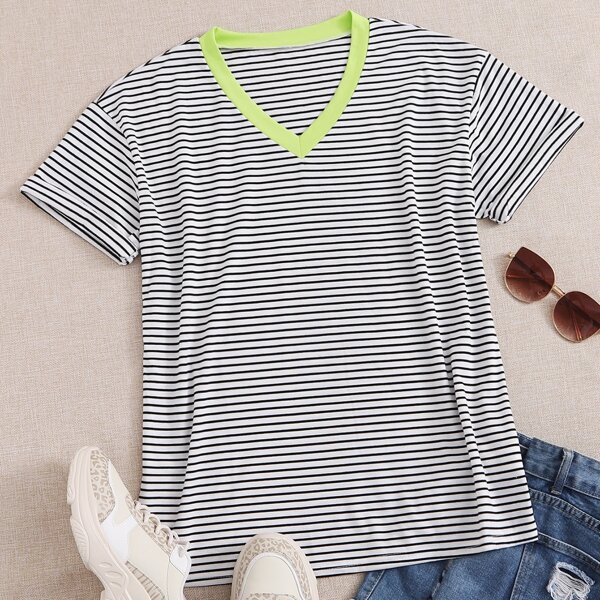 

Contrast Binding Striped Print Tee, Multicolor