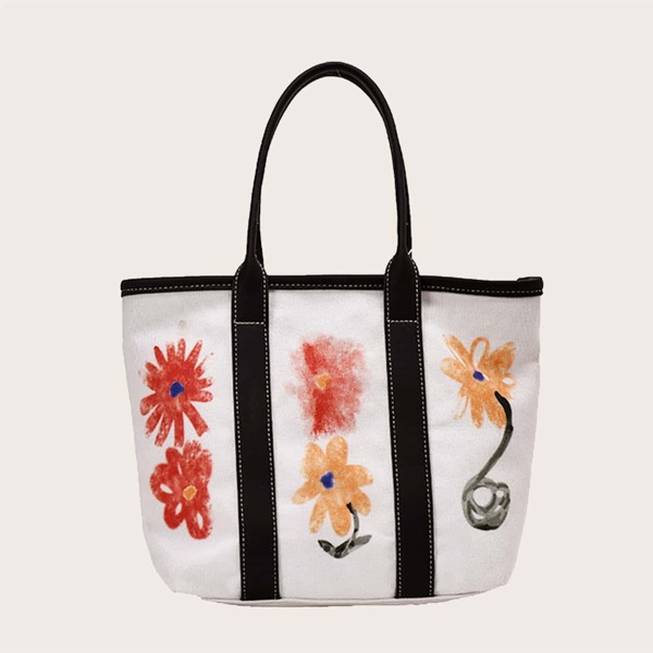 

Floral Graphic Tote Bag, White