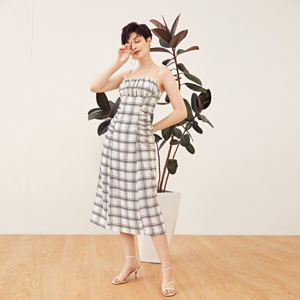 

Ruched Bust Plaid Cami Dress, Beige