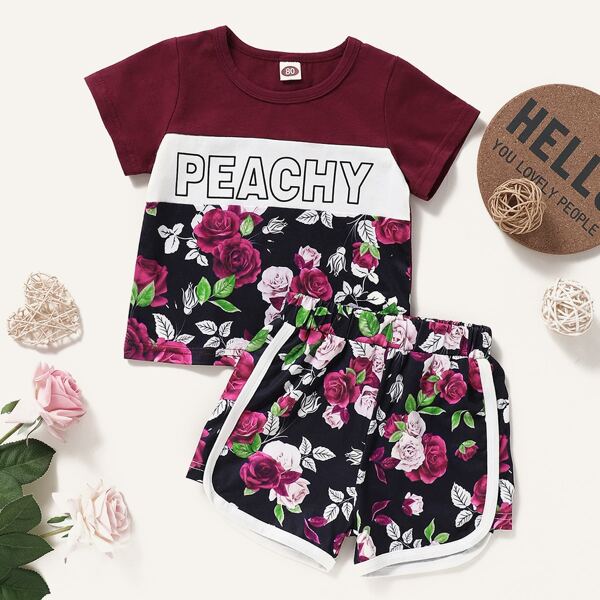 

Baby Girl Letter And Floral Print Tee & Shorts, Multicolor