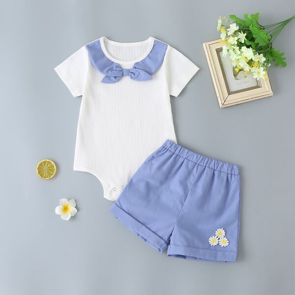 

Baby Girl Bow Front Rib-knit Bodysuit & Appliques Shorts, Multicolor