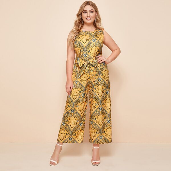 

Plus Tribal Print Tie Front Jumpsuit, Mustard yellow