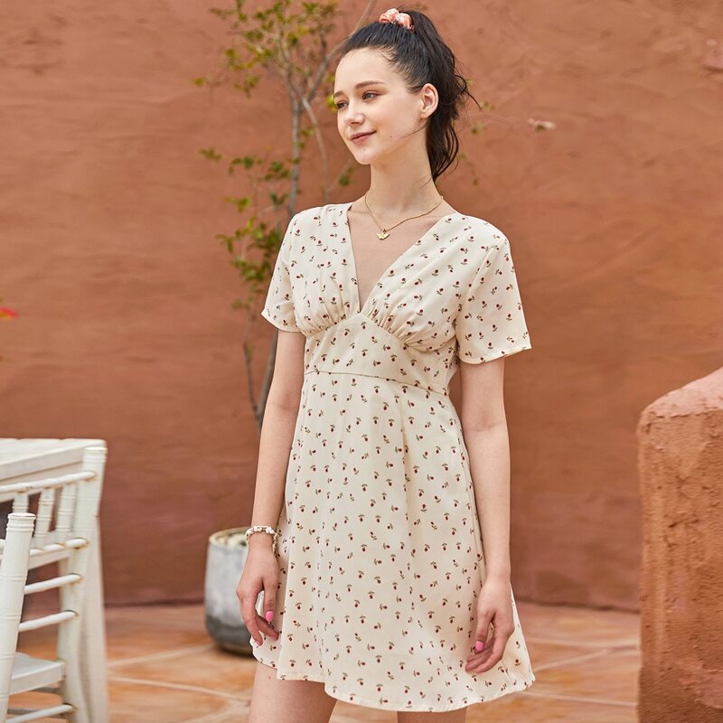 

Floral V Neck Dress, Beige