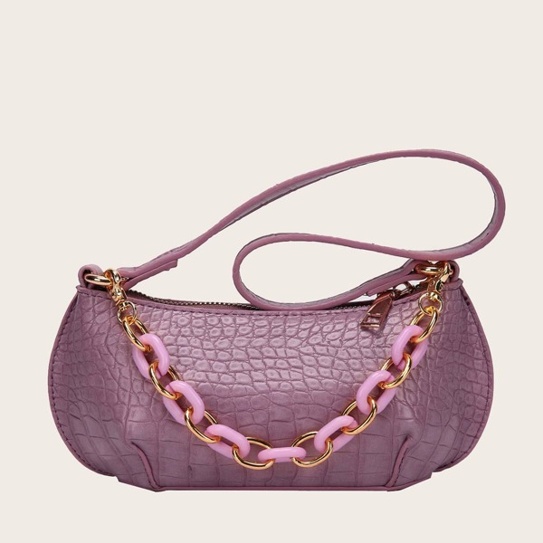 

Croc Embossed Tote Bag With Chain Handle, Purple