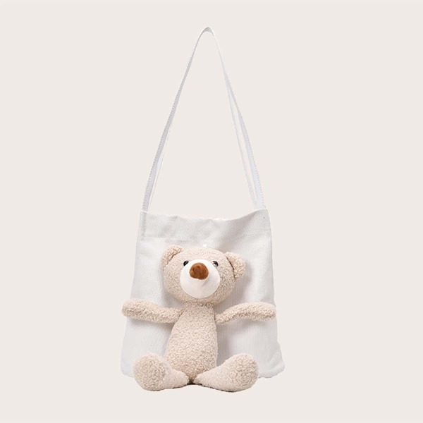 

Cartoon Bear Appliques Tote Bag, White