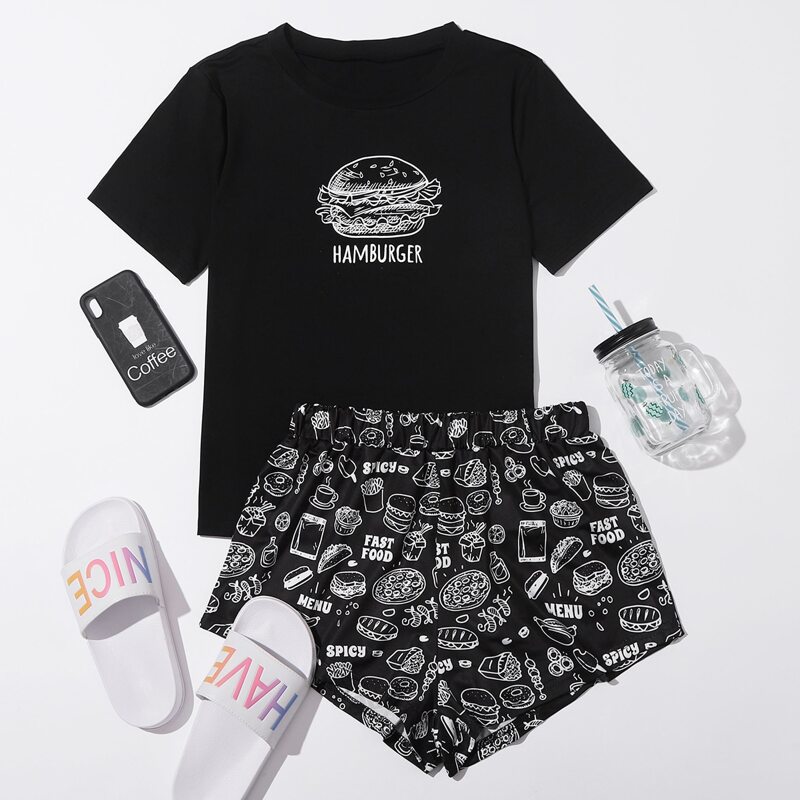 

Cartoon And Letter Graphic PJ Set, Black