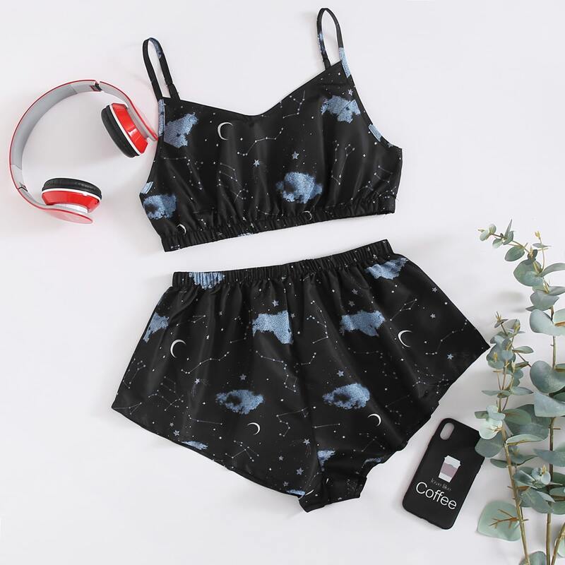

Galaxy Print Cami Pajama Set, Black